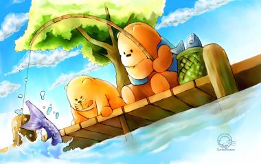 夏日午后小熊与小猫湖畔钓鱼休闲插画