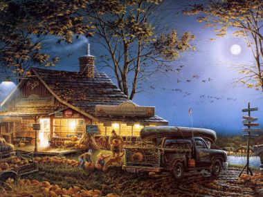 Terry Redlin 作品《秋日传统》乡村湖滨杂货店秋收夜景插画