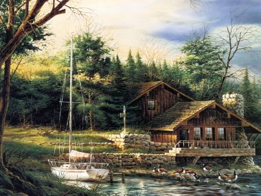 特里·雷德林 夏日湖畔小木屋风景油画
