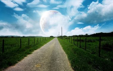 超现实奇幻风景 乡间碎石路与天空巨型月球