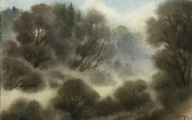 古典水彩风格森林雾气风景画