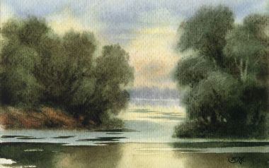 水彩画森林河流风景