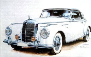 Vaclav Zapadlik Hand Drawn Classic White Mercedes Vintage Car Painting