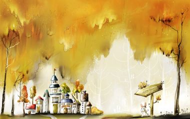 Autumn Fairytale Forest Town With Rabbit