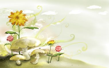 梦幻森林蘑菇与花朵矢量插画