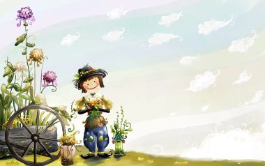 田园童趣稻草人与鲜花插画