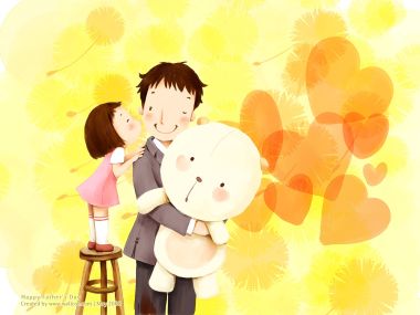 温馨父女情：女儿亲吻父亲与泰迪熊