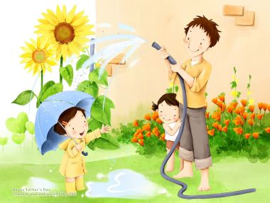 温馨父亲节花园亲子玩水插画
