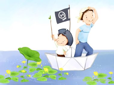 童趣手绘：乘纸船冒险的父子