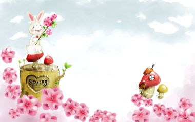 春日童话：兔子与樱花树桩插画