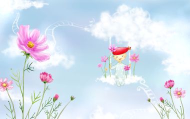 云端秋千上的可爱小孩与波斯菊