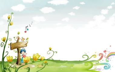 春日童话：小女孩与花海路牌插画
