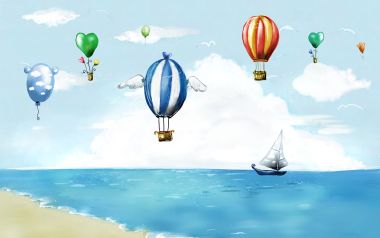 梦幻夏日海滩热气球插画