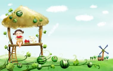 夏季田园小女孩吃西瓜插画