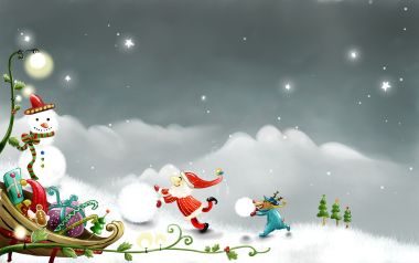 圣诞节卡通矢量插画：圣诞老人与雪人