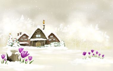 冬季雪景木屋与番红花插画