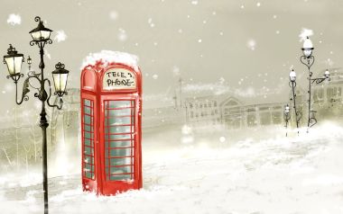 伦敦街头雪中红色电话亭插画