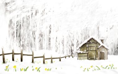 雪中森林木屋与黄花