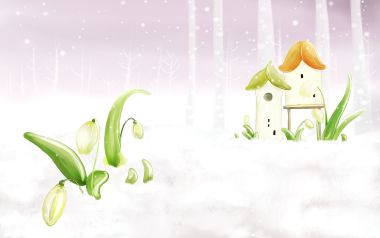 冬日雪地里的童话小屋与雪滴花