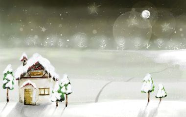 冬日雪夜温馨小屋插画