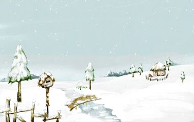 冬季雪景小木屋矢量插画