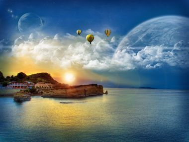 超现实奇幻海岸日出 热气球漫游异星科幻风景