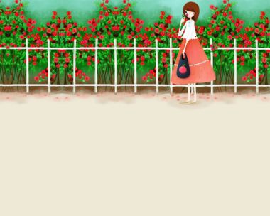 Girl With Red Roses Garden Illustration