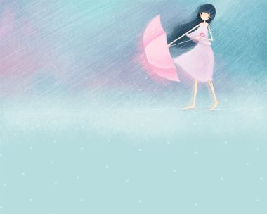 雨中撑伞的唯美少女插画