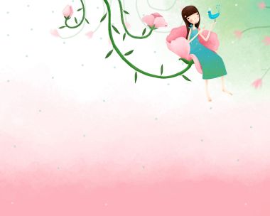 梦幻花丛中的少女与小鸟插画