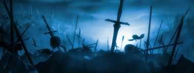 Dark Fantasy Ancient Battlefield Swords Ravens Wallpaper
