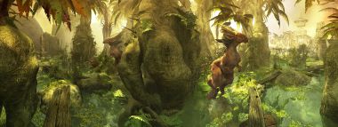 Warm Fantasy Swamp Ancient Ruins Creature Dual Screen Game Wallpaper