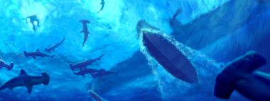 Blue Deep Sea Hammerhead Sharks Group Swim Underwater Illustration