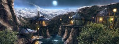 满月雪山峡谷奇幻崖边小屋夜景