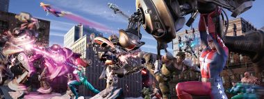 Superhero Team Vs Mech Monsters Urban Battle Game Wallpaper
