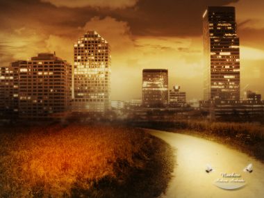 超现实暖调黄昏城市郊野小径合成艺术作品《Nowhere》