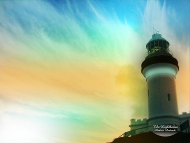 梦幻渐变天空下的海岸灯塔创意艺术壁纸