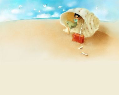 海滩贝壳里的阅读女孩插画