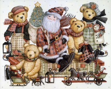 Vintage Christmas Teddy Bears Santa Claus Nita Showers Illustration