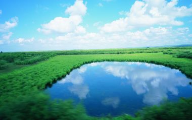 夏日辽阔草原湿地水潭蓝天白云自然风光