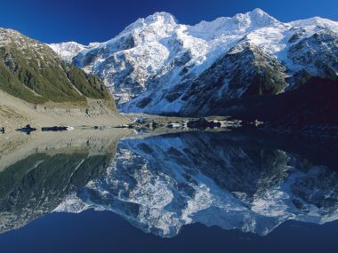 新西兰南岛雪山冰湖镜面倒影自然风光