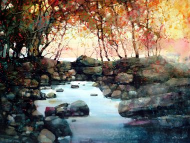 Z.L.Feng 秋日林间溪流水彩风景画
