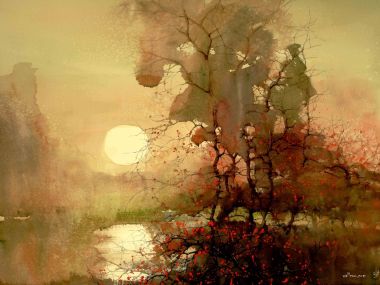 Z.L.Feng 秋日湖畔落日水彩画