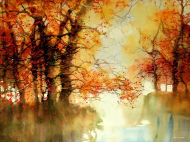 Z.L.Feng 秋日湖畔红枫水彩风景画