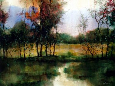 Autumn Countryside Stream Watercolor Painting By Z L Feng