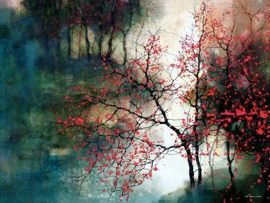 Z.L.Feng 水彩画 雾中红叶山林风景