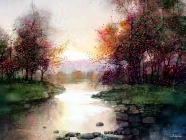 Z.L.Feng 水彩秋日河畔红枫风景