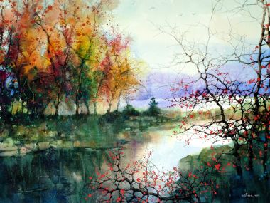 Z.L.Feng 秋季湖畔风景水彩画