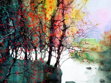 Z.L.Feng 中国风秋日红叶溪流水彩风景画