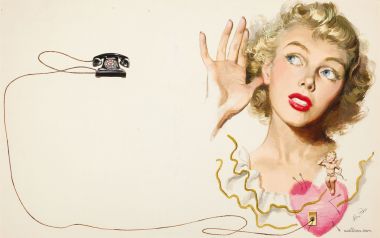 Who Do I Hear Vintage Illustration Blonde Girl Listening Old Telephone