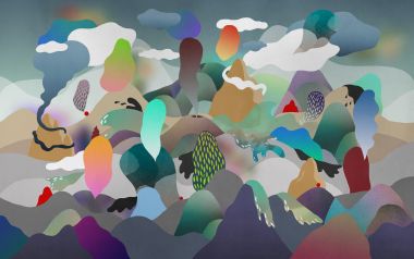 抽象梦幻山峦与云朵艺术插画